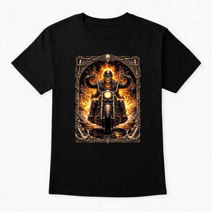 Flaming Skull Motorcycle Rider Biker Reaper Graphic T-Shirt Unisex Dark Art Tee