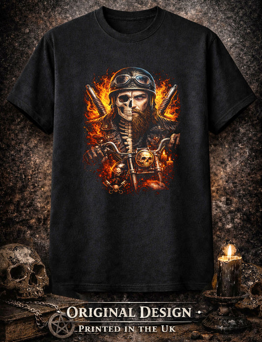 Flaming Skeleton Biker Skull Unisex Graphic T-Shirt Gothic Motorcycle Horror Tee