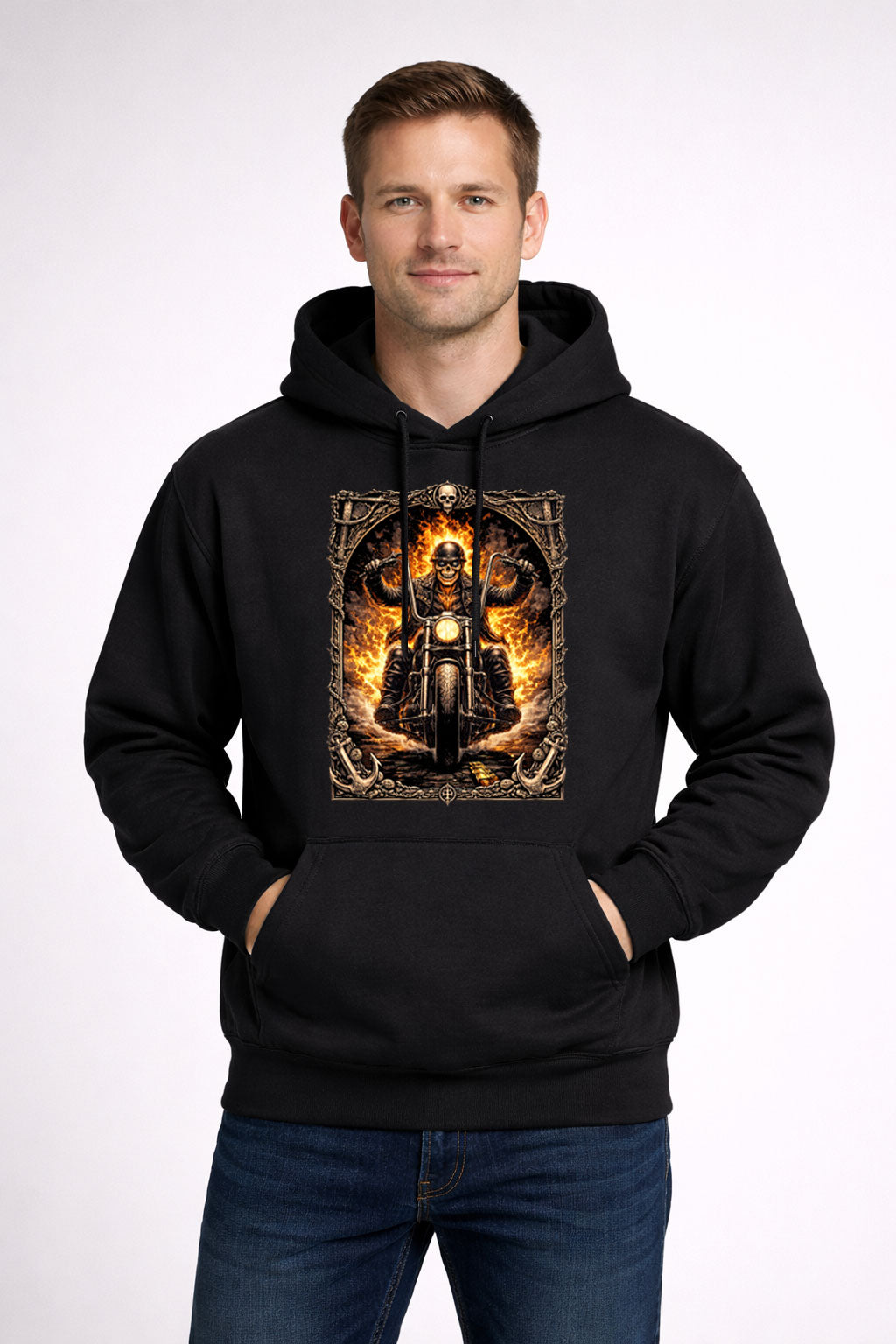 Flaming Skull Motorcycle Rider Biker Reaper Graphic T-Shirt Unisex Dark Art Tee