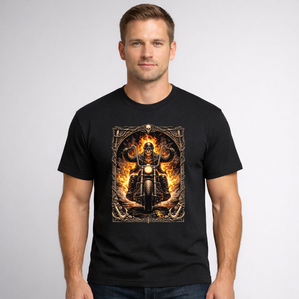 Flaming Skull Motorcycle Rider Biker Reaper Graphic T-Shirt Unisex Dark Art Tee