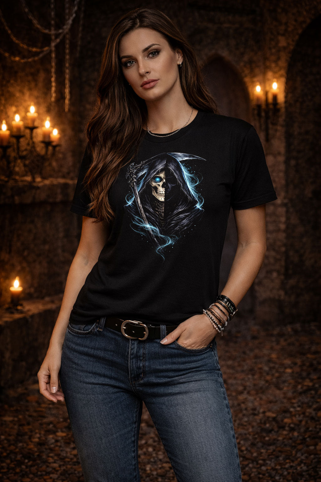 Grim Reaper Scythe Skeleton Skull Unisex Graphic T-Shirt Dark Death Art Tee