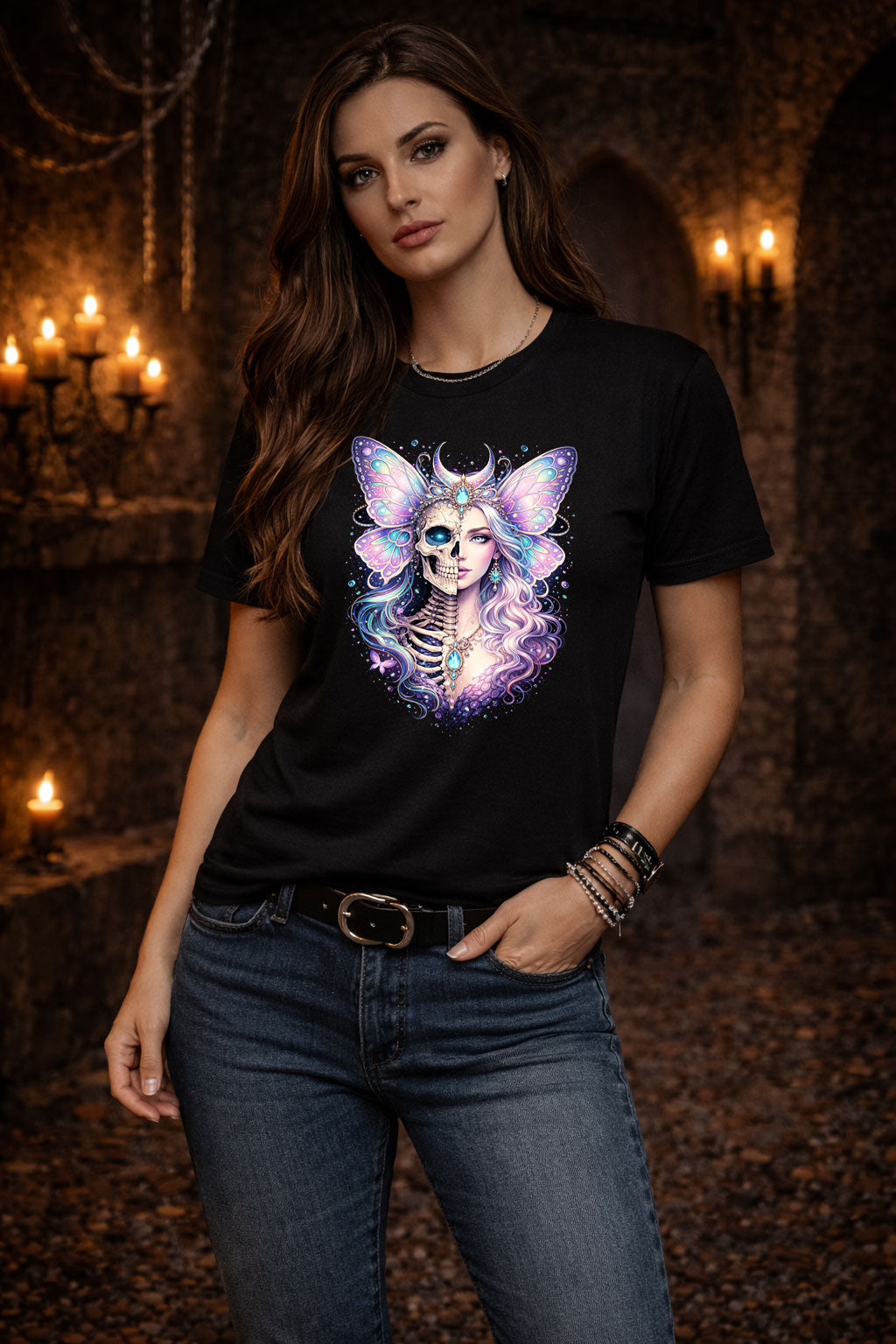 Butterfly Beautiful Skeleton Wings Graphic T-Shirt Skull Portrait Unisex Tee