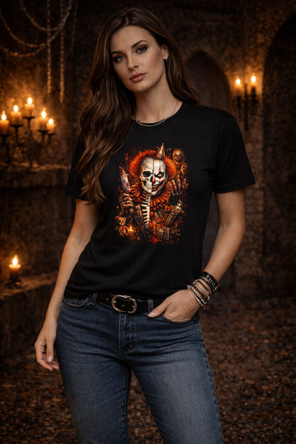 Evil Clown Skeleton Skull Unisex Graphic T-Shirt Dark Circus Knife Horror Tee