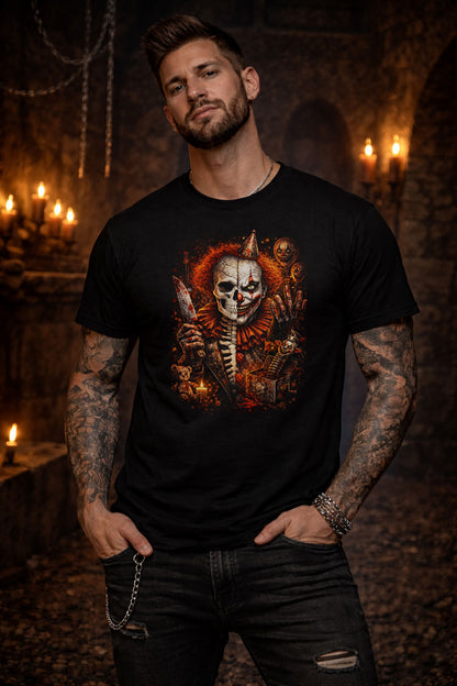 Evil Clown Skeleton Skull Unisex Graphic T-Shirt Dark Circus Knife Horror Tee
