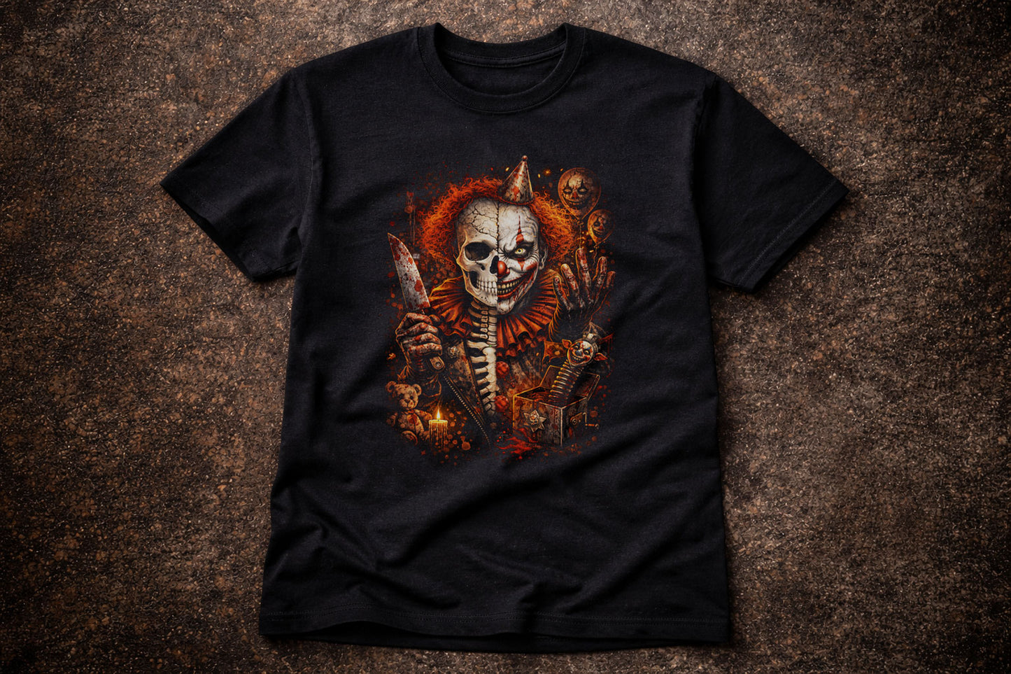 Evil Clown Skeleton Skull Unisex Graphic T-Shirt Dark Circus Knife Horror Tee