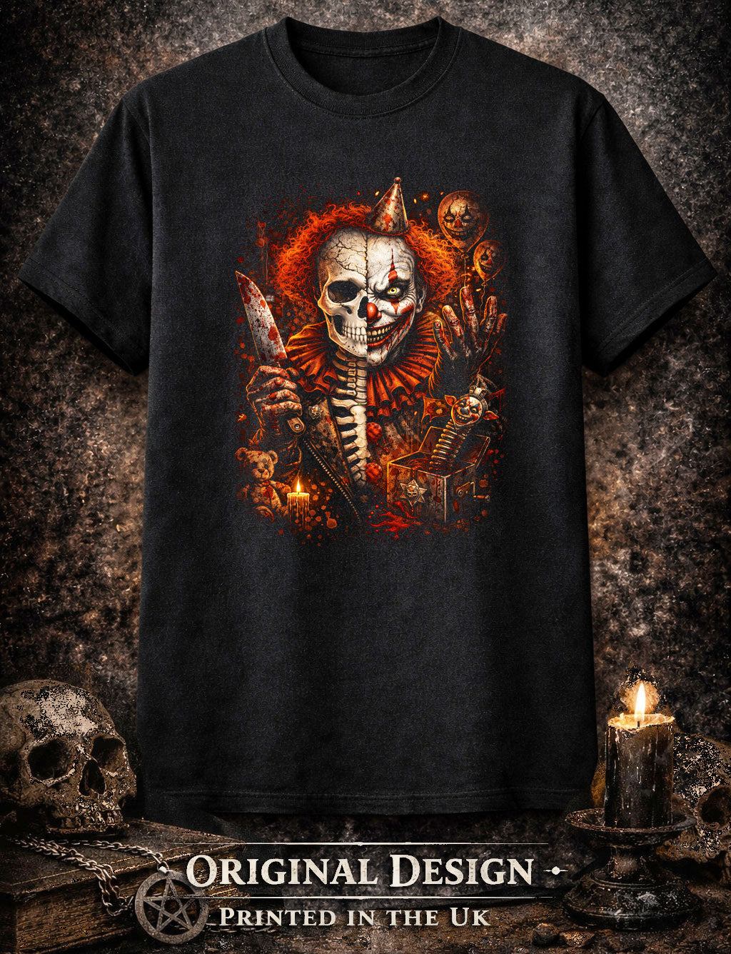 Evil Clown Skeleton Skull Unisex Graphic T-Shirt Dark Circus Knife Horror Tee