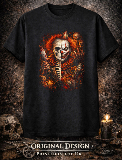 Evil Clown Skeleton Skull Unisex Graphic T-Shirt Dark Circus Knife Horror Tee