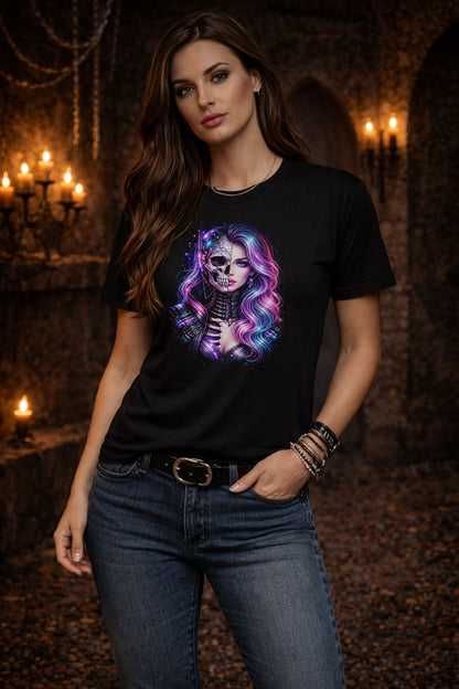 Cyber Gothic Skeleton Beauty Graphic T-ShirtNeon Skull Portrait Unisex Tee