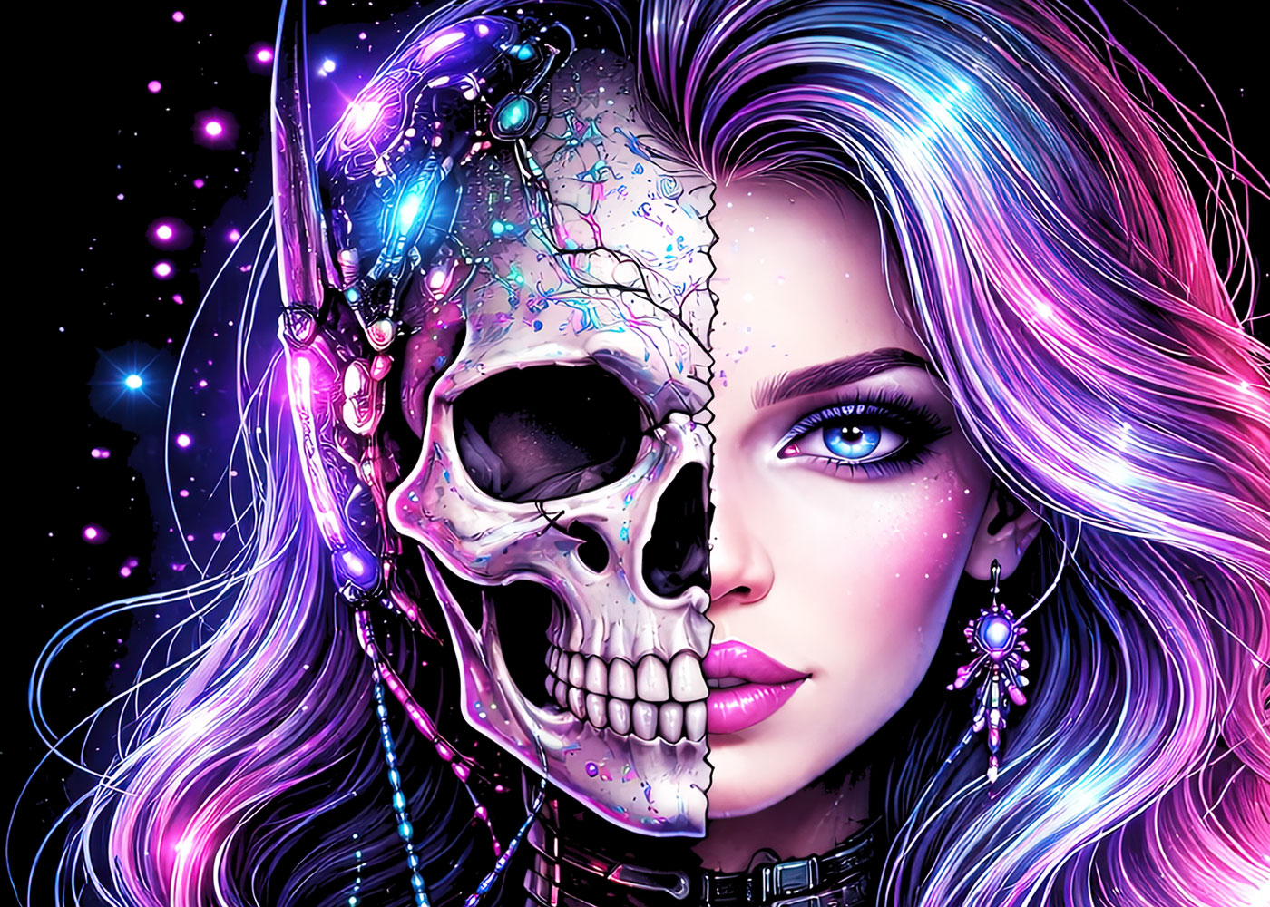 Cyber Gothic Skeleton Beauty Graphic T-ShirtNeon Skull Portrait Unisex Tee