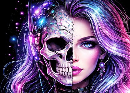 Cyber Gothic Skeleton Beauty Graphic T-ShirtNeon Skull Portrait Unisex Tee
