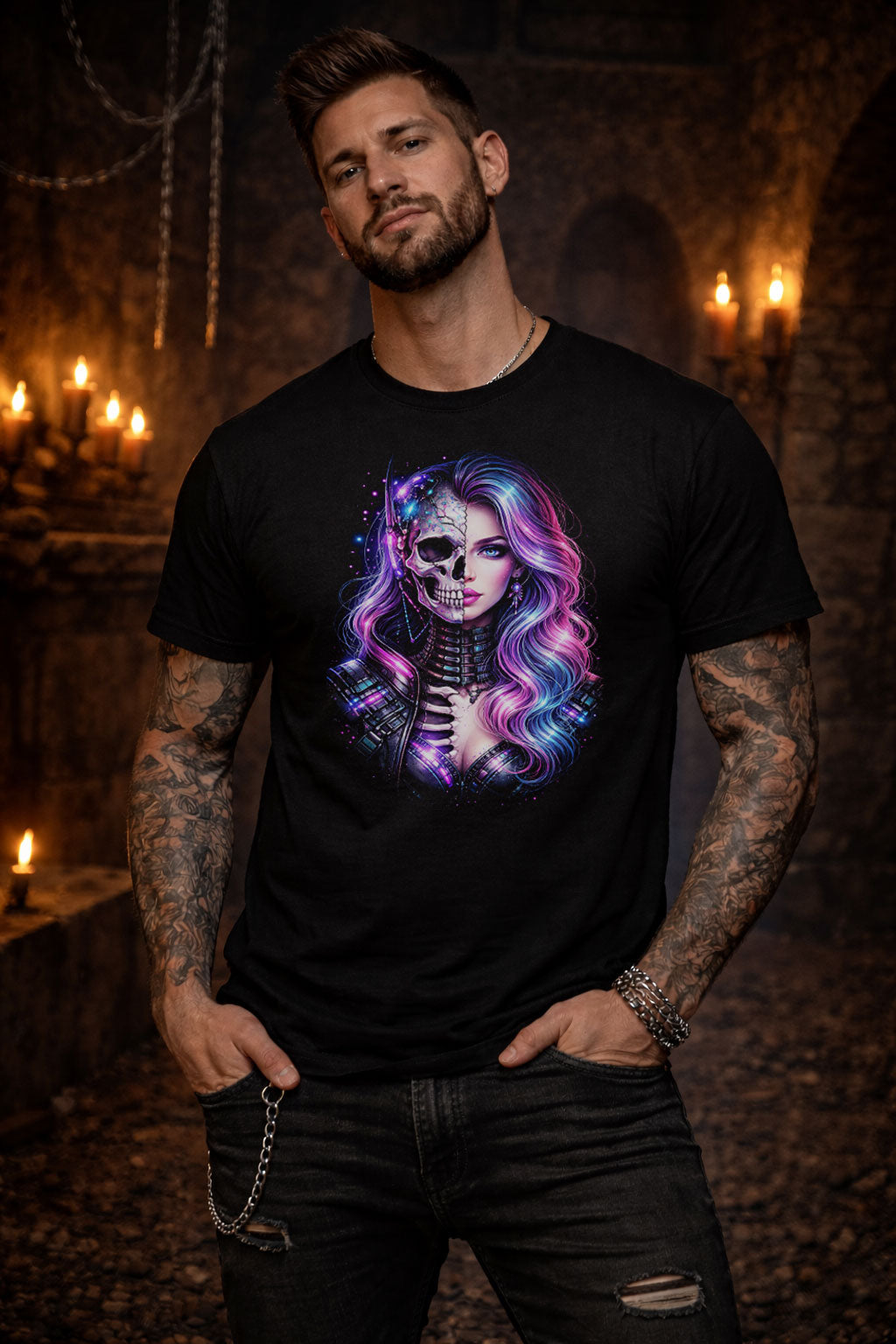 Cyber Gothic Skeleton Beauty Graphic T-ShirtNeon Skull Portrait Unisex Tee