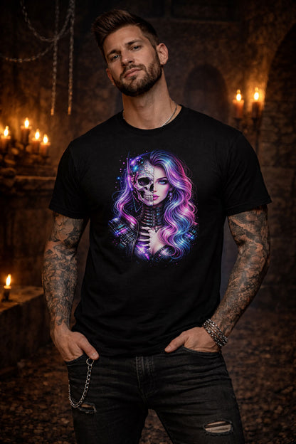 Cyber Gothic Skeleton Beauty Graphic T-ShirtNeon Skull Portrait Unisex Tee
