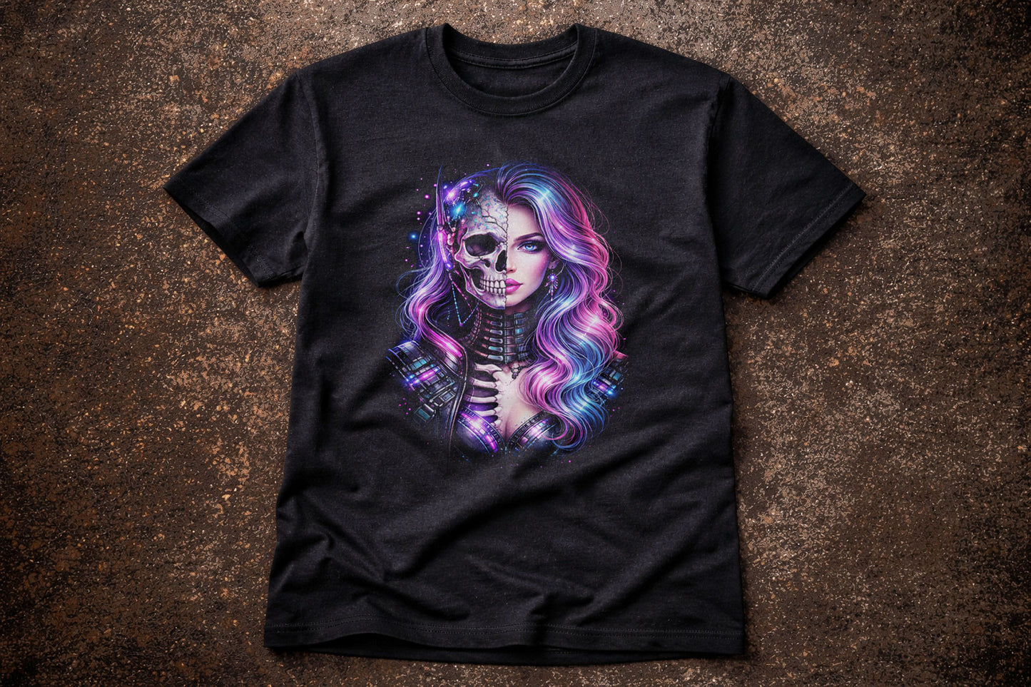 Cyber Gothic Skeleton Beauty Graphic T-ShirtNeon Skull Portrait Unisex Tee