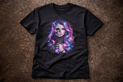 Cyber Gothic Skeleton Beauty Graphic T-ShirtNeon Skull Portrait Unisex Tee
