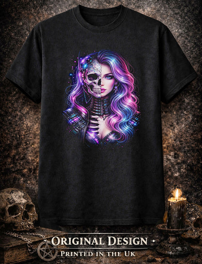 Cyber Gothic Skeleton Beauty Graphic T-ShirtNeon Skull Portrait Unisex Tee