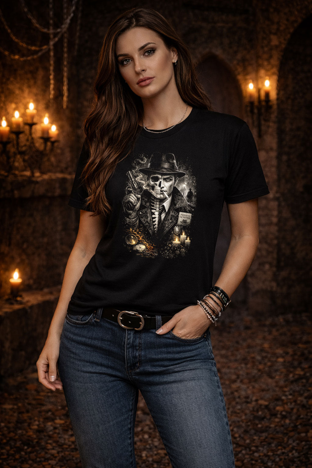 Noir Skeleton Gothic Detective Unisex Graphic T-Shirt Dark Crime Horror Tee