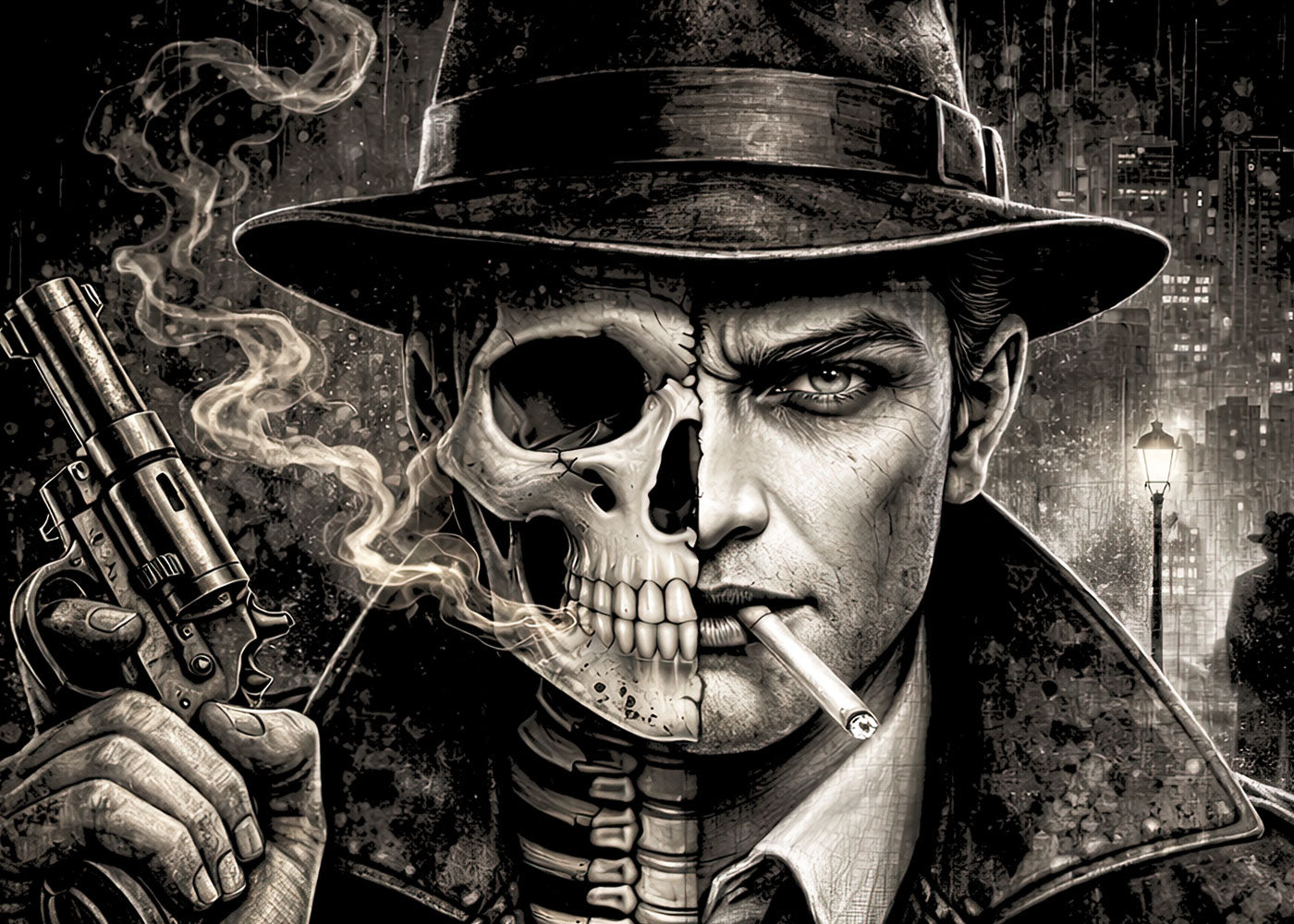 Noir Skeleton Gothic Detective Unisex Graphic T-Shirt Dark Crime Horror Tee