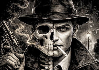 Noir Skeleton Gothic Detective Unisex Graphic T-Shirt Dark Crime Horror Tee