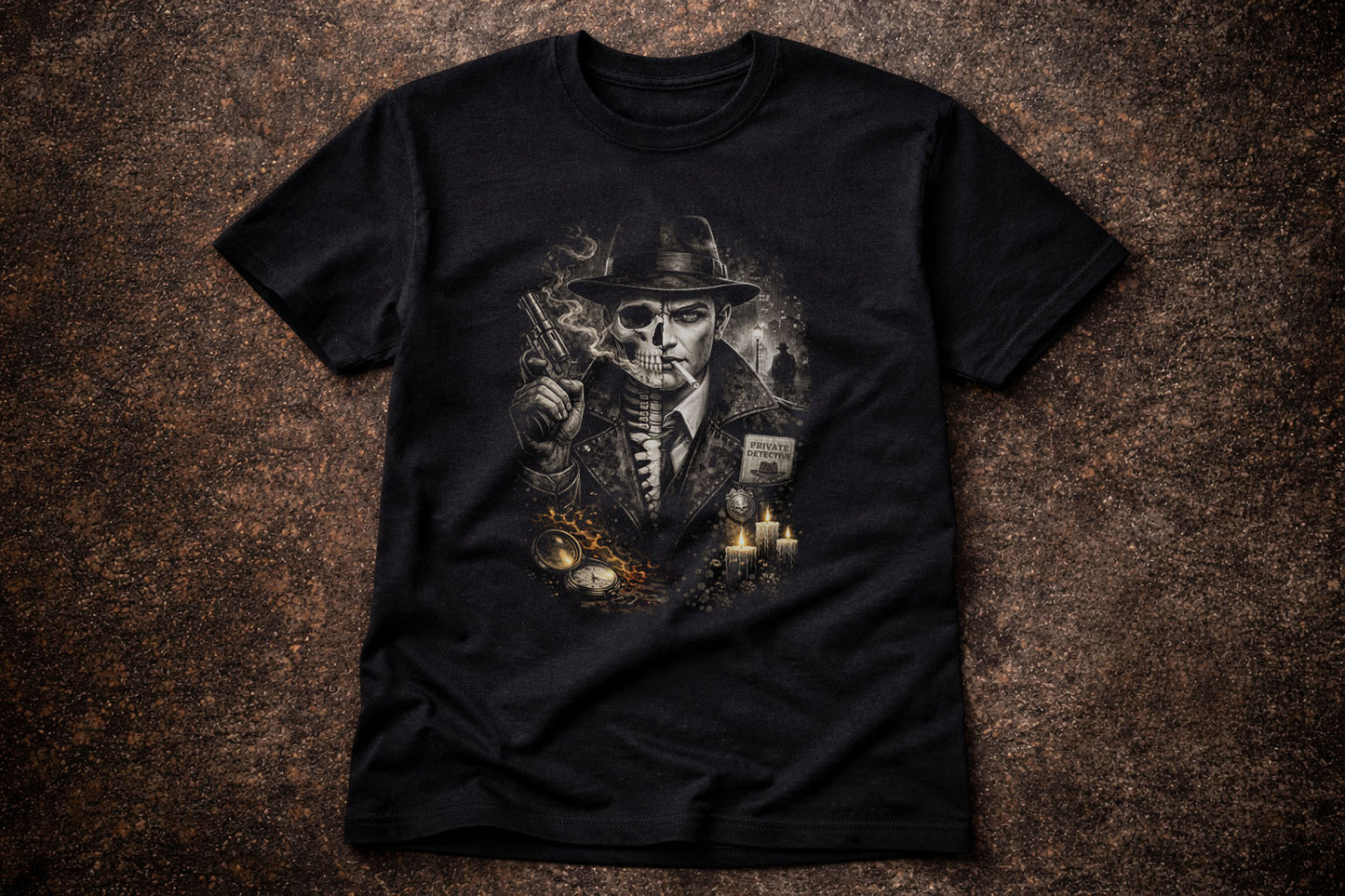 Noir Skeleton Gothic Detective Unisex Graphic T-Shirt Dark Crime Horror Tee