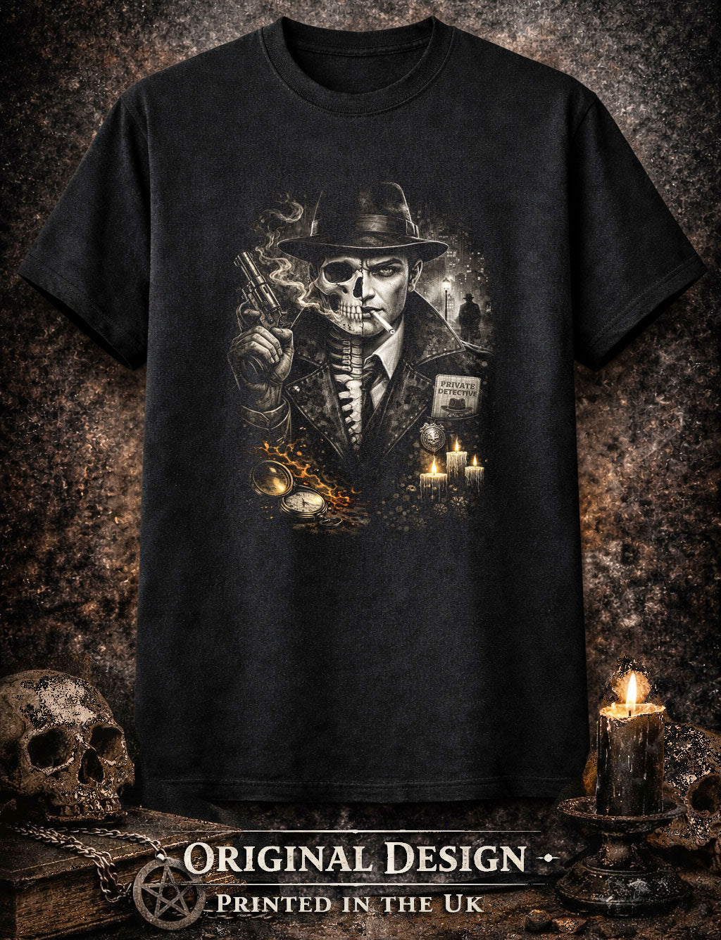 Noir Skeleton Gothic Detective Unisex Graphic T-Shirt Dark Crime Horror Tee