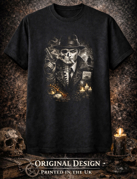 Noir Skeleton Gothic Detective Unisex Graphic T-Shirt Dark Crime Horror Tee