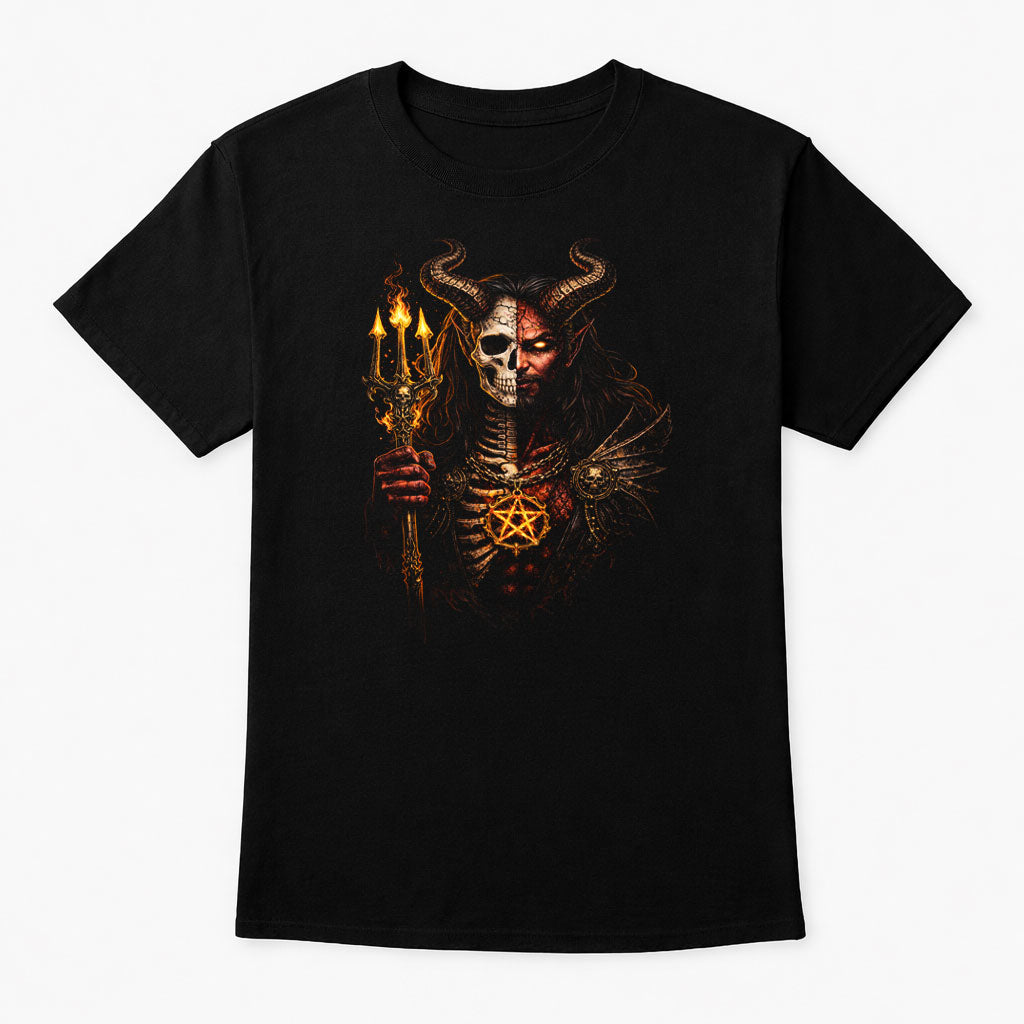The Devil Flaming Pitchfork Skull Unisex Graphic T-Shirt Fire Pentagram Dark Tee