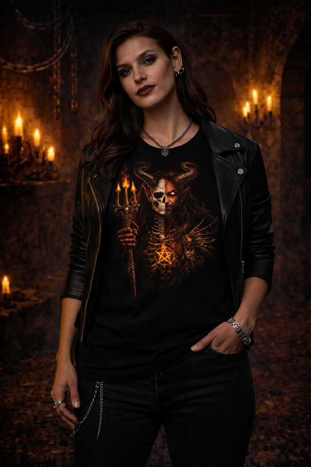 The Devil Flaming Pitchfork Skull Unisex Graphic T-Shirt Fire Pentagram Dark Tee