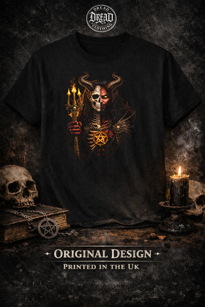 The Devil Flaming Pitchfork Skull Unisex Graphic T-Shirt Fire Pentagram Dark Tee