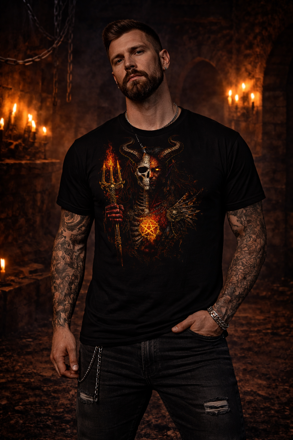 The Devil Flaming Pitchfork Skull Unisex Graphic T-Shirt Fire Pentagram Dark Tee