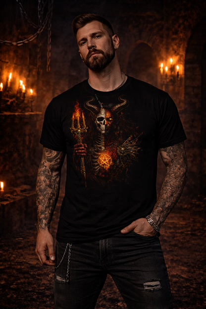 The Devil Flaming Pitchfork Skull Unisex Graphic T-Shirt Fire Pentagram Dark Tee