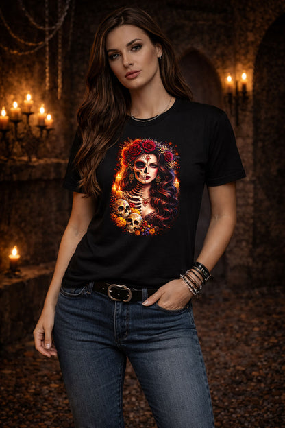 Day of the Dead Skeleton Woman Unisex Graphic T-Shirt Dia de los Muertos Tee