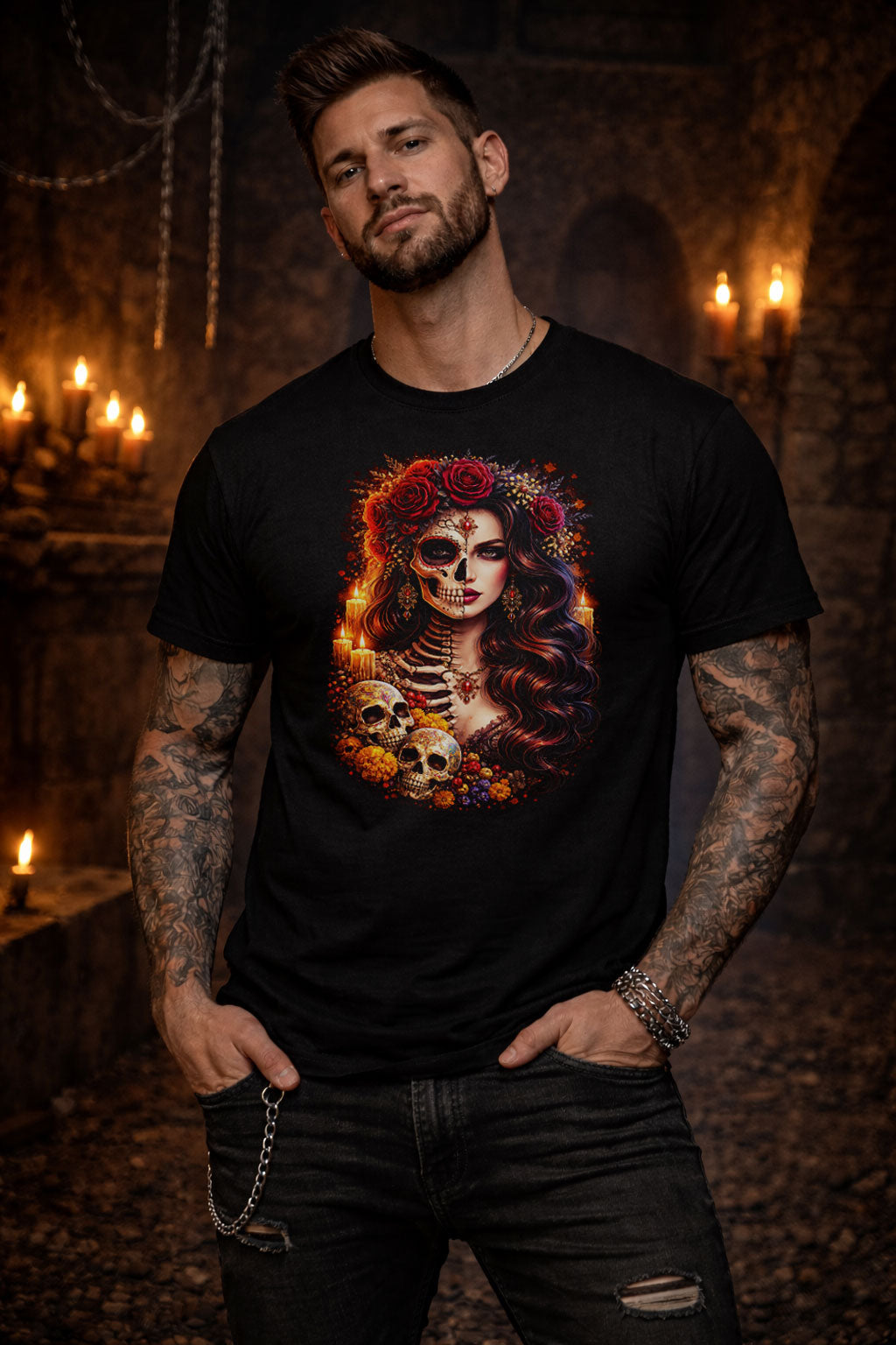 Day of the Dead Skeleton Woman Unisex Graphic T-Shirt Dia de los Muertos Tee