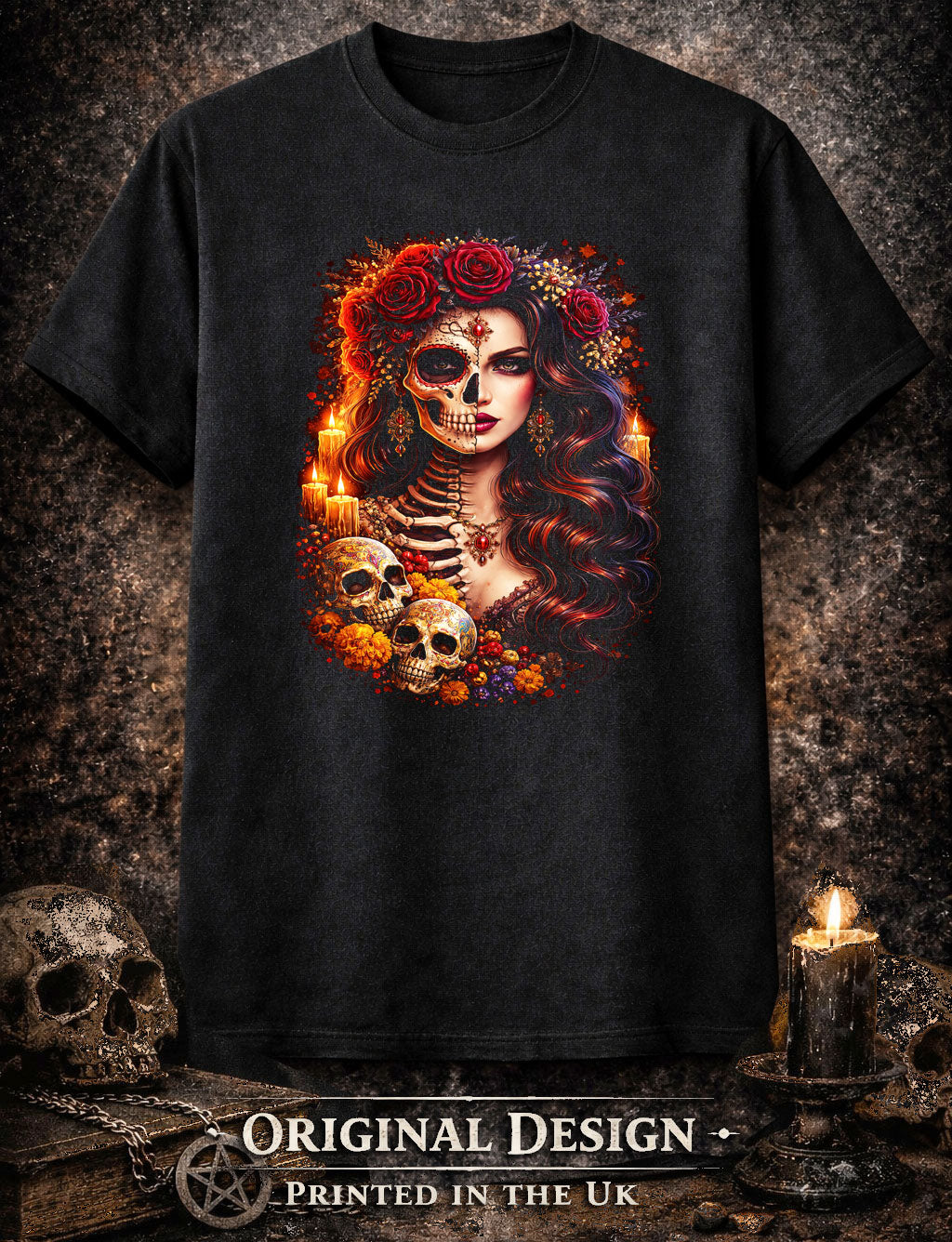 Day of the Dead Skeleton Woman Unisex Graphic T-Shirt Dia de los Muertos Tee