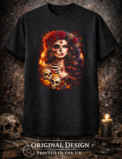 Day of the Dead Skeleton Woman Unisex Graphic T-Shirt Dia de los Muertos Tee