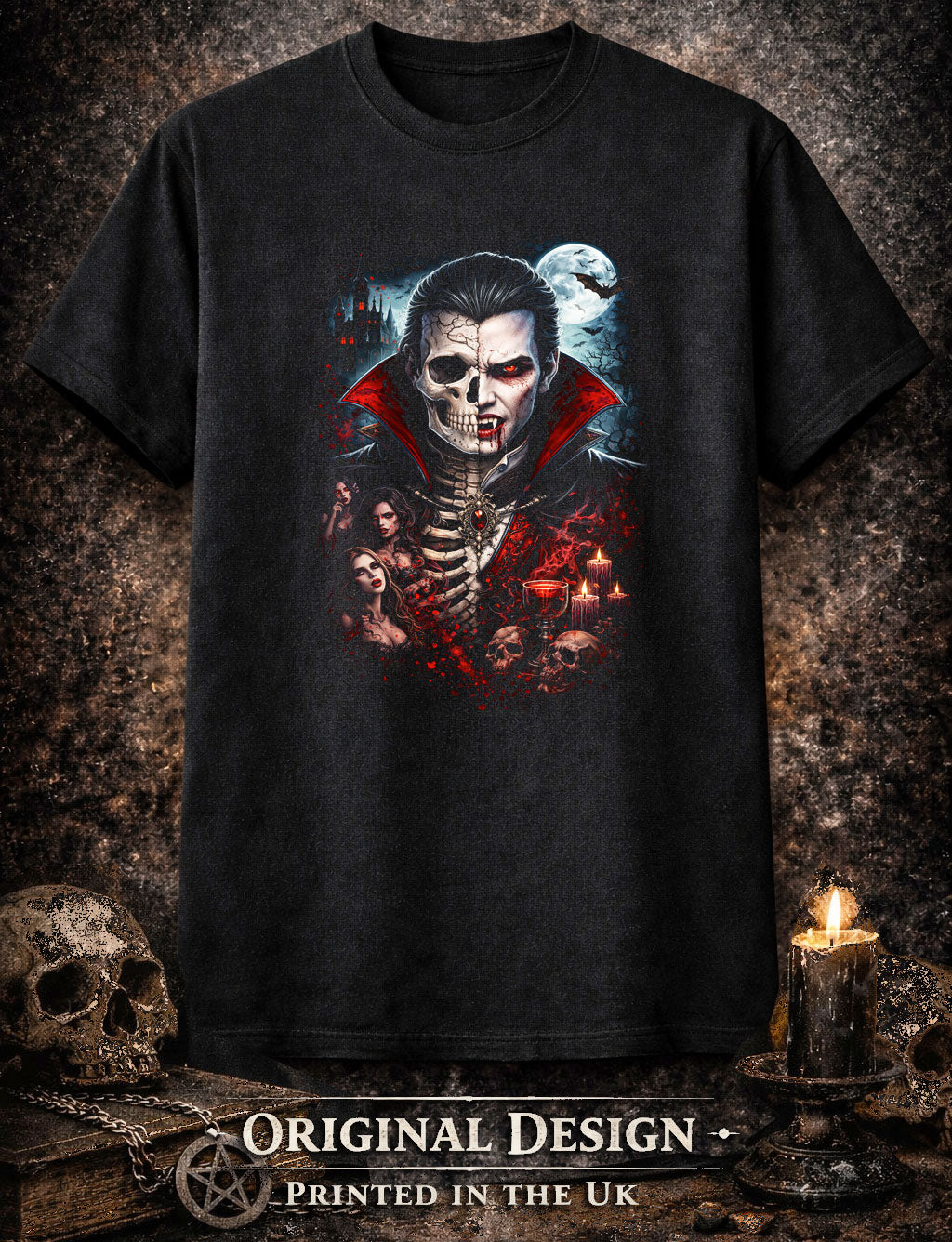 Dracula Vampire Skeleton Skull Lord Unisex Graphic T-Shirt Dark Gothic Horror