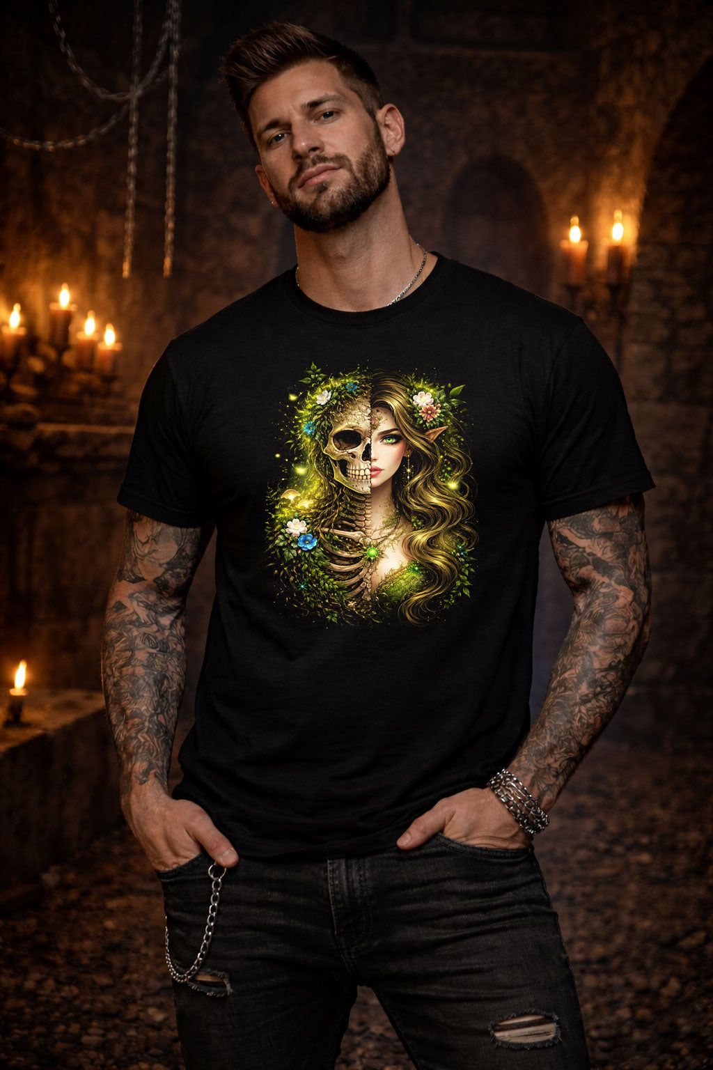 Elven Efl Beauty Skeleton Skull Unisex Graphic T-Shirt Dark Nature Art Tee
