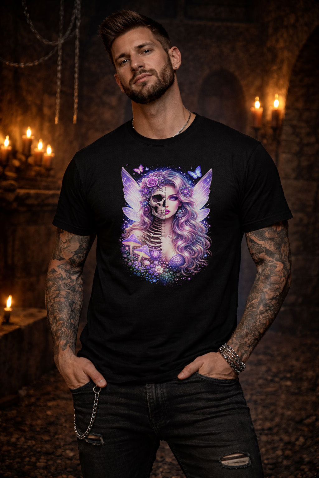 Fairy Skeleton of Death Unisex Graphic T-Shirt Dark Fantasy Mushroom Skull Tee