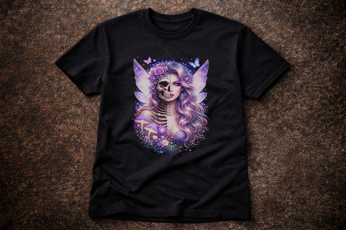Fairy Skeleton of Death Unisex Graphic T-Shirt Dark Fantasy Mushroom Skull Tee