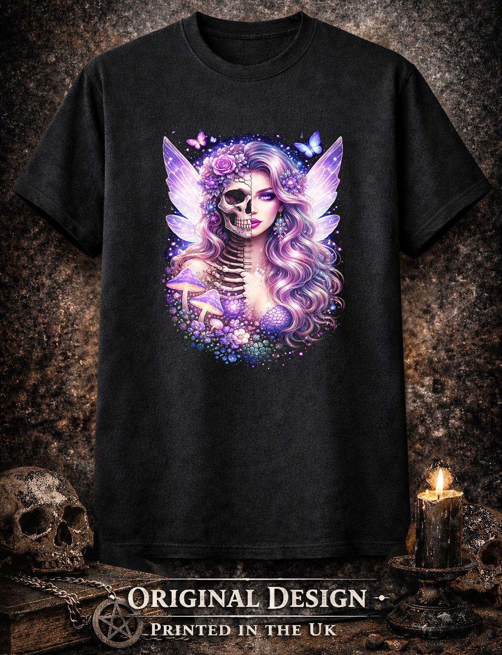Fairy Skeleton of Death Unisex Graphic T-Shirt Dark Fantasy Mushroom Skull Tee