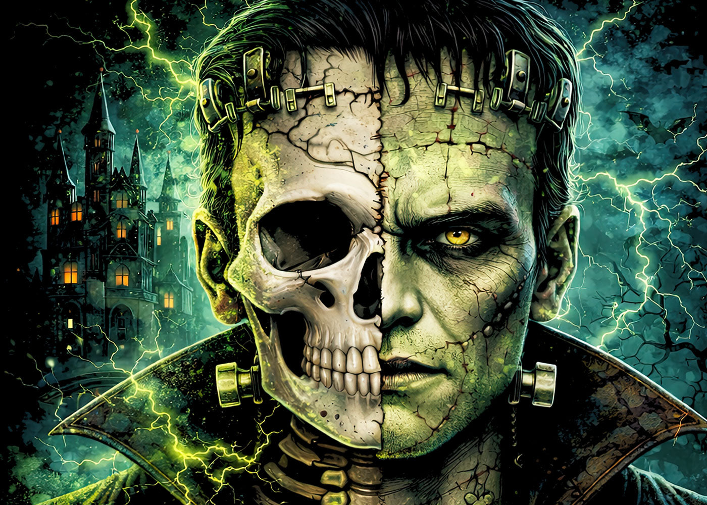 Frankenstein Skeleton Skull Unisex Graphic T-Shirt Mad Science Horror Art Tee