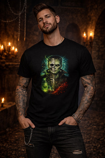 Frankenstein Skeleton Skull Unisex Graphic T-Shirt Mad Science Horror Art Tee