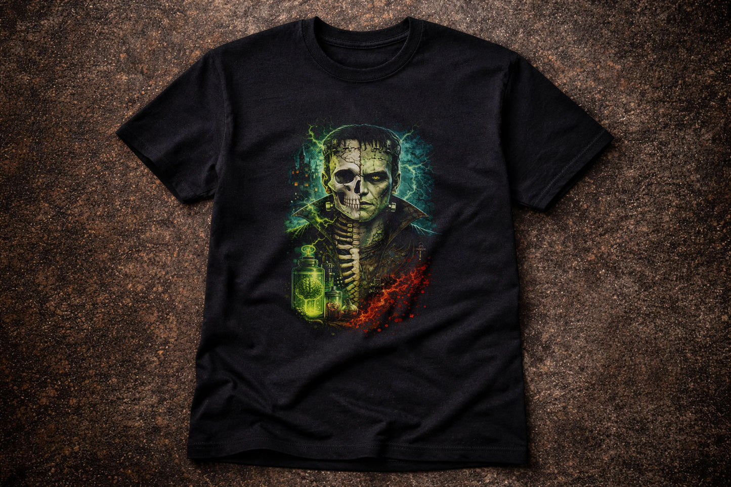 Frankenstein Skeleton Skull Unisex Graphic T-Shirt Mad Science Horror Art Tee