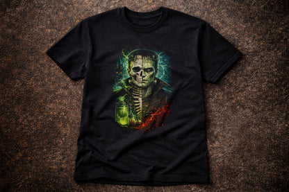 Frankenstein Skeleton Skull Unisex Graphic T-Shirt Mad Science Horror Art Tee
