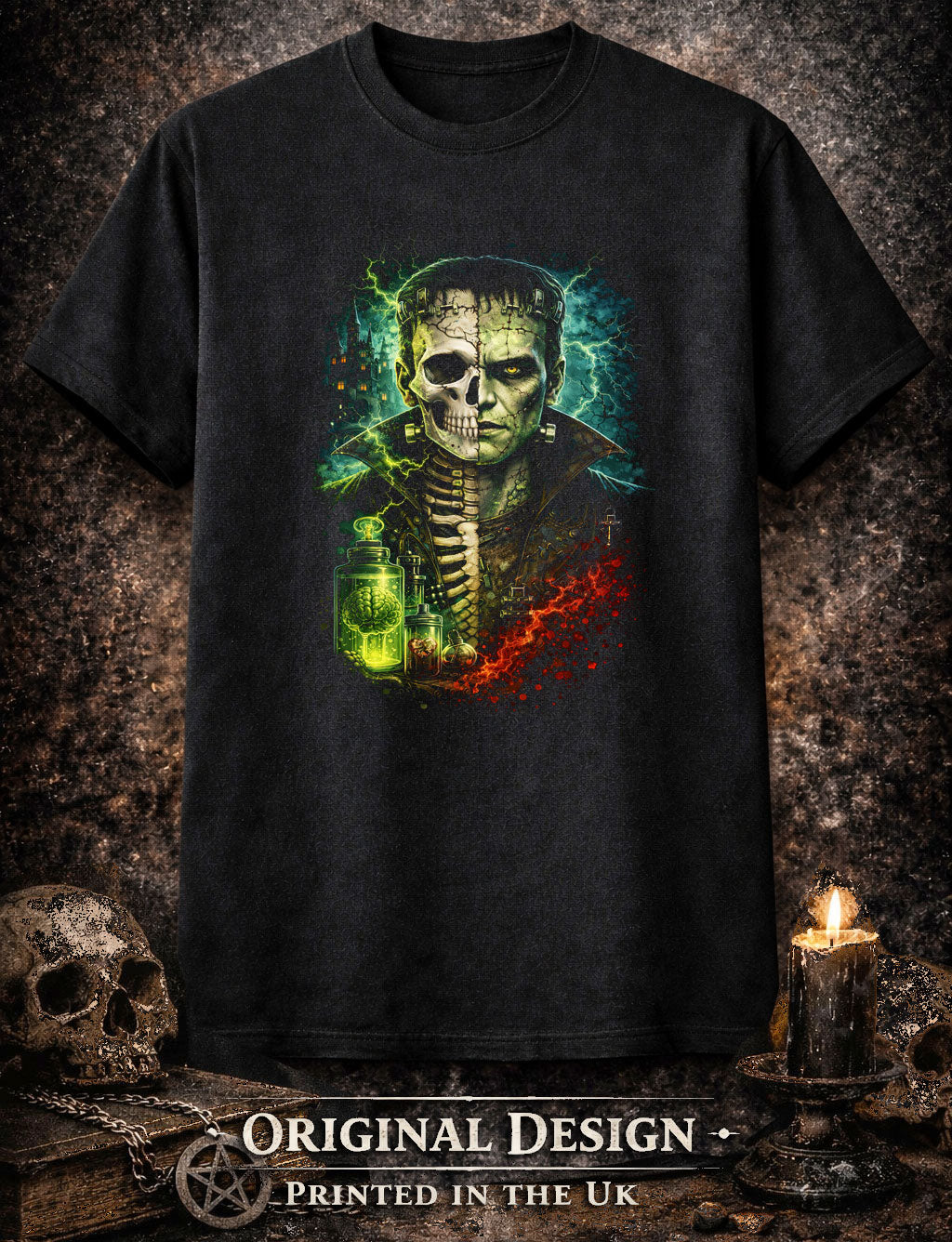 Frankenstein Skeleton Skull Unisex Graphic T-Shirt Mad Science Horror Art Tee