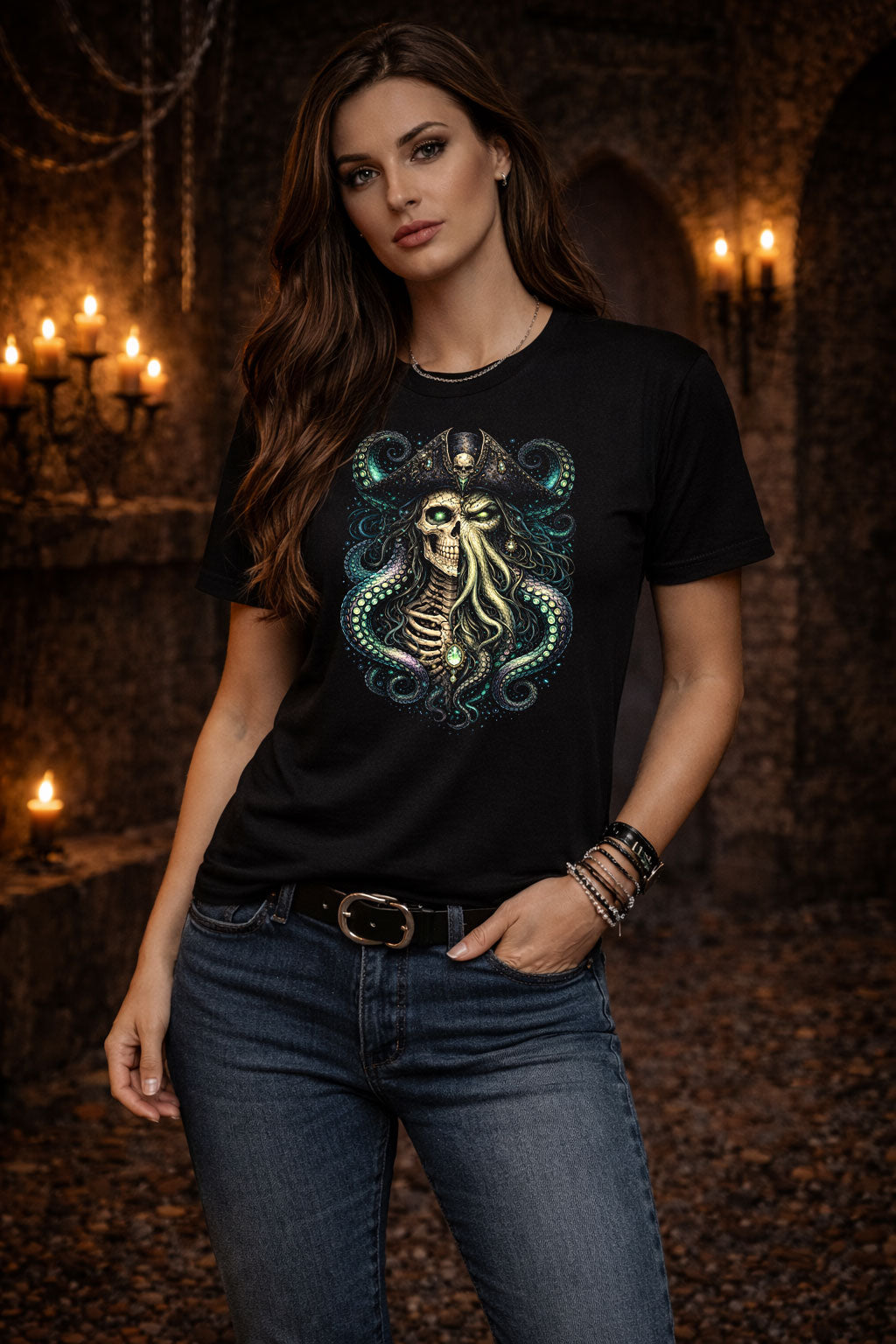 Kraken Davey Jones Skeleton Skull Unisex Graphic T-Shirt Eldritch Dark Art Tee
