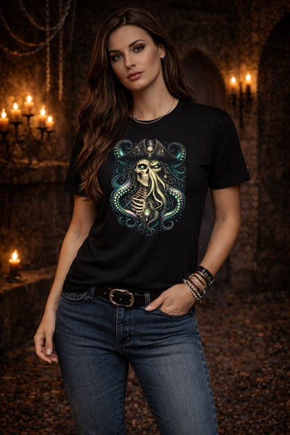 Kraken Davey Jones Skeleton Skull Unisex Graphic T-Shirt Eldritch Dark Art Tee