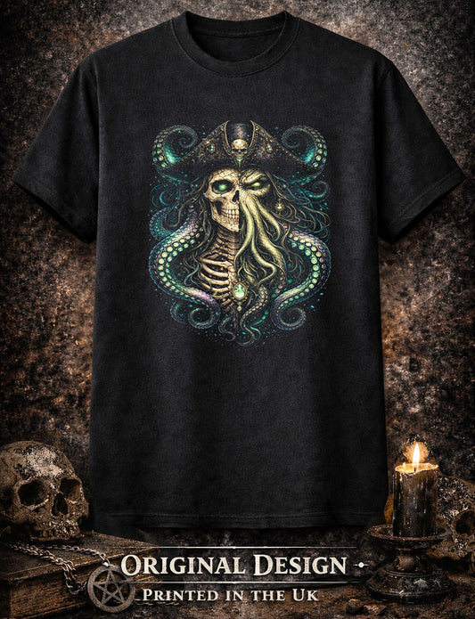 Kraken Davey Jones Skeleton Skull Unisex Graphic T-Shirt Eldritch Dark Art Tee