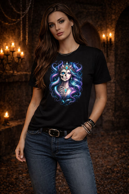 Kraken Sea Goddess Skeleton Skull Unisex Graphic T-Shirt Golden Age Dark Art Tee