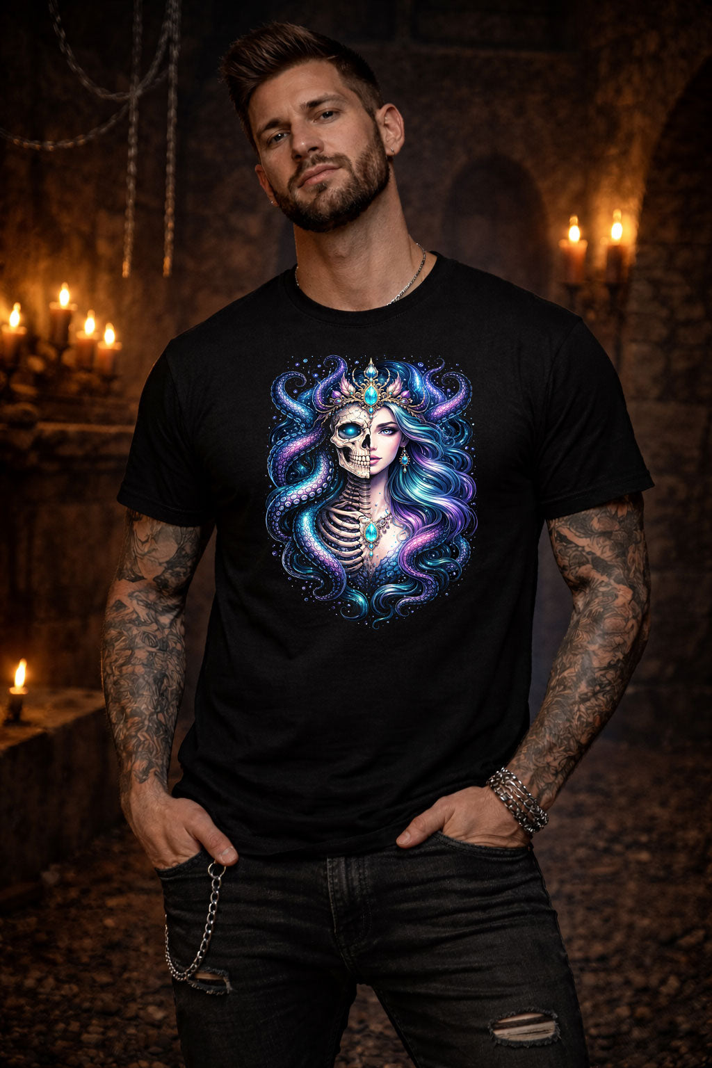 Kraken Sea Goddess Skeleton Skull Unisex Graphic T-Shirt Golden Age Dark Art Tee