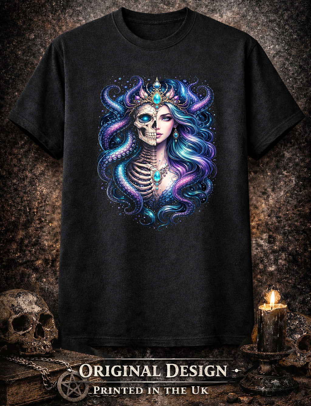 Kraken Sea Goddess Skeleton Skull Unisex Graphic T-Shirt Golden Age Dark Art Tee